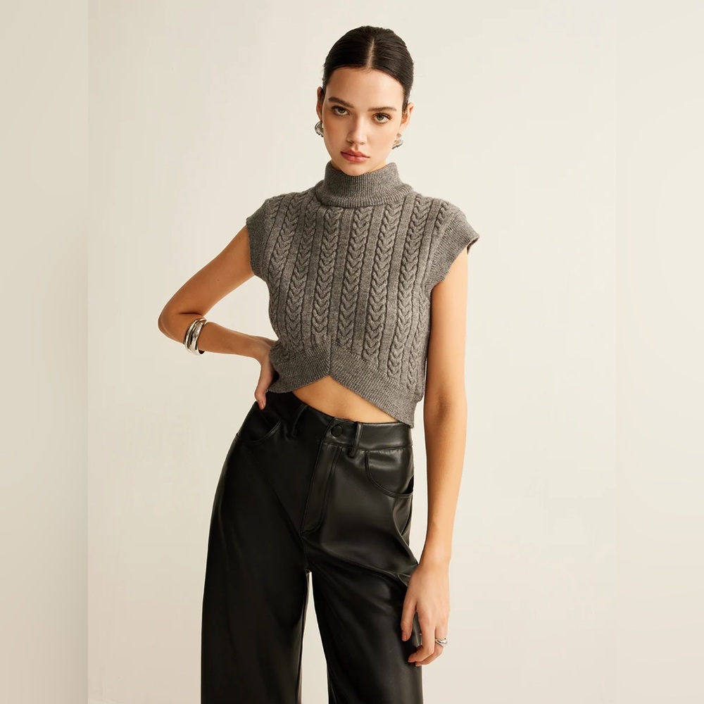 126. Commense Cable-Knit Mock Neck Crop Sweater Vest